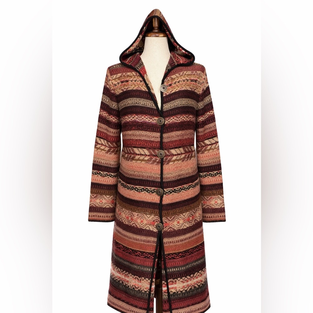 Long cardigan sweater jacket with hood.  Boho striped festival wear. L
